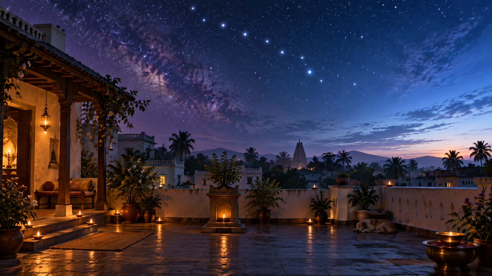 Oil lamps glow around an Indian home beneath a starry sky that gradually shifts from deep evening blue to predawn light.