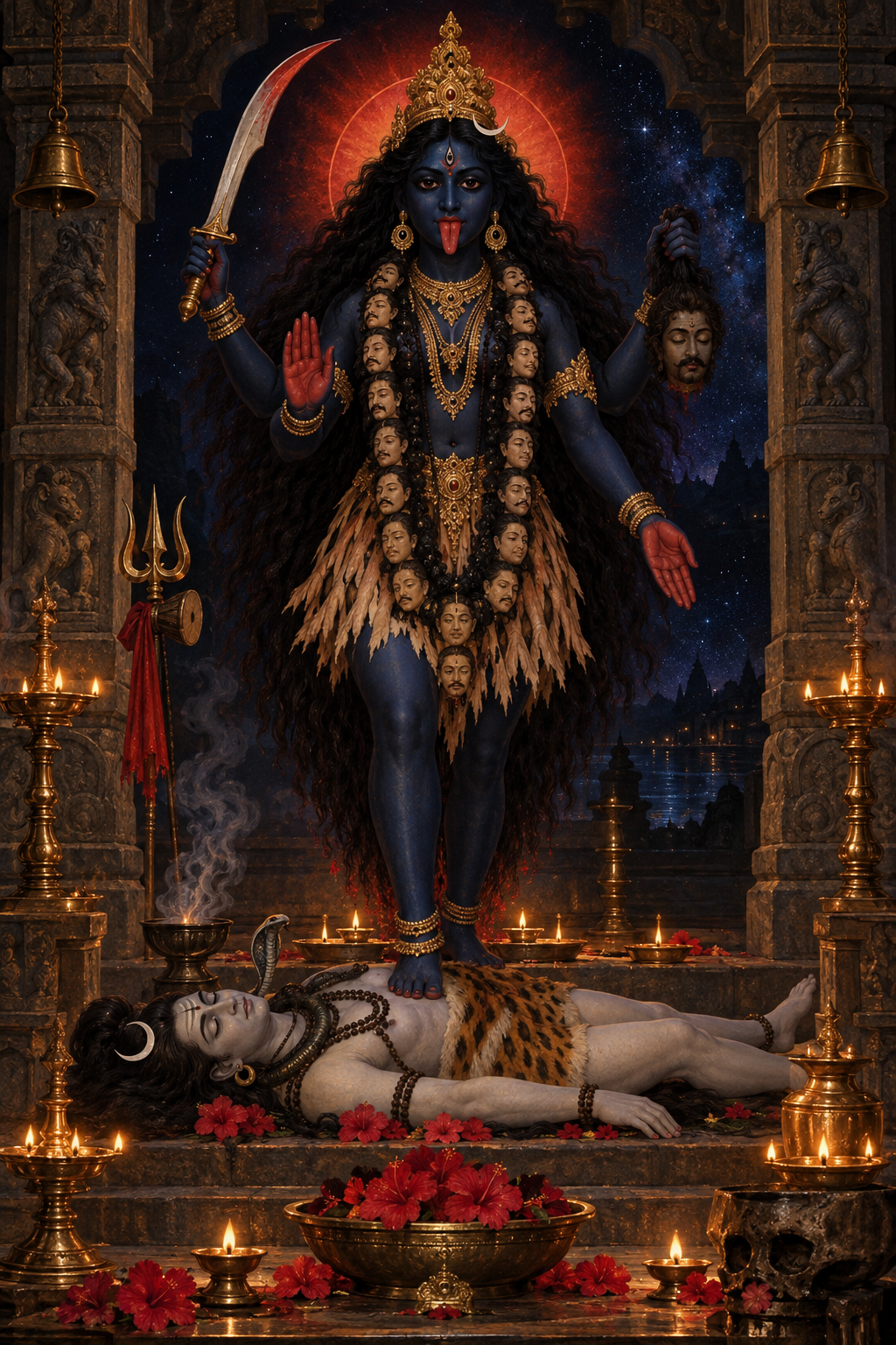 Devotional illustration of four-armed Kali standing over the reclining Shiva in a lamp-lit temple sanctum, surrounded by hibiscus flowers and incense.