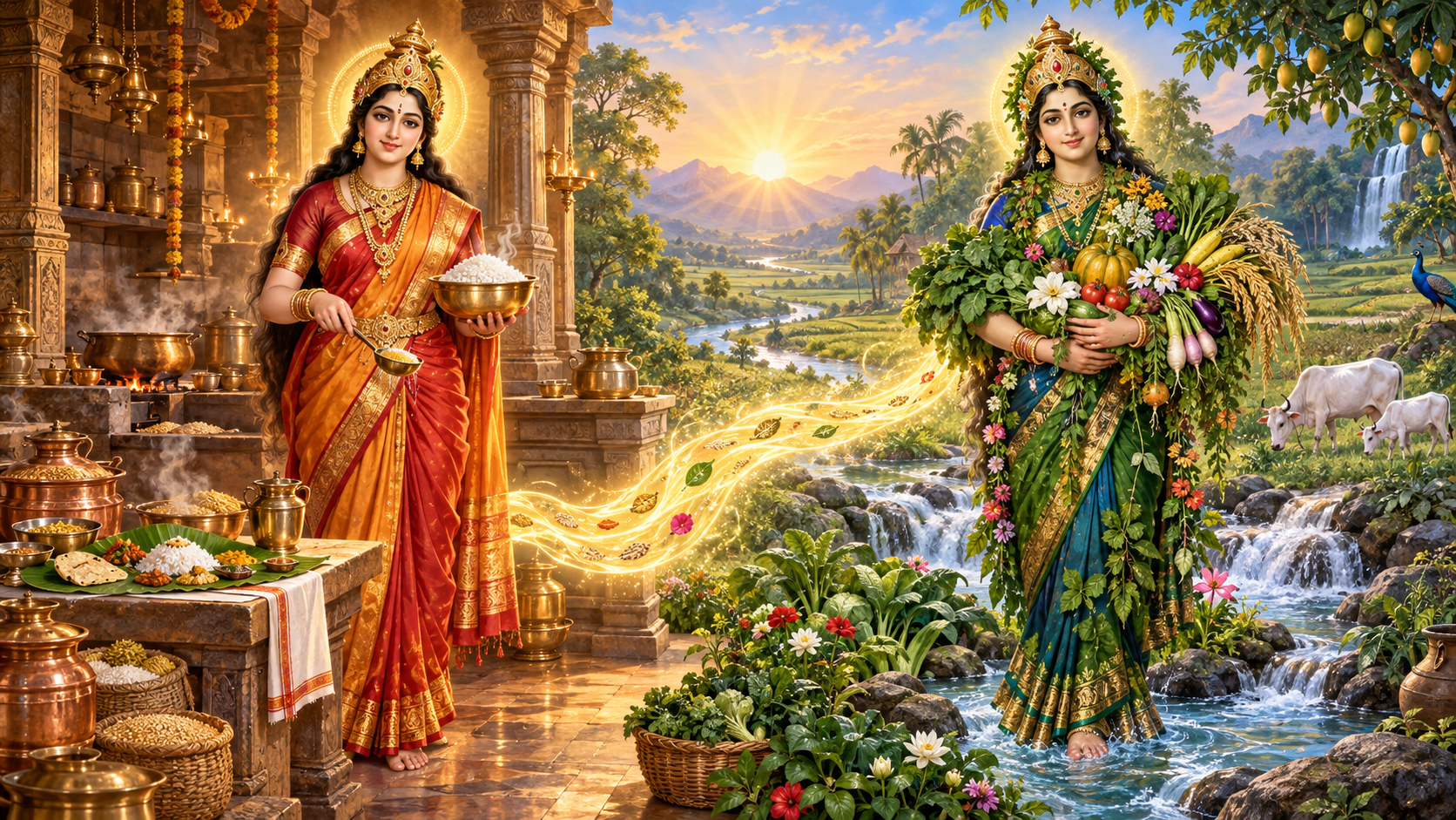 Annapurna holds a bowl of rice and a serving ladle beside a temple meal, while Shakambhari stands among vegetables, fruit, grain, water, and fertile soil in a connected landscape.
