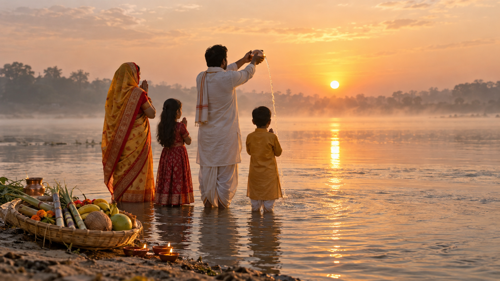 An Indian family offers water to the rising sun at a riverbank beside baskets of fruit, sugarcane, coconuts, and oil lamps.