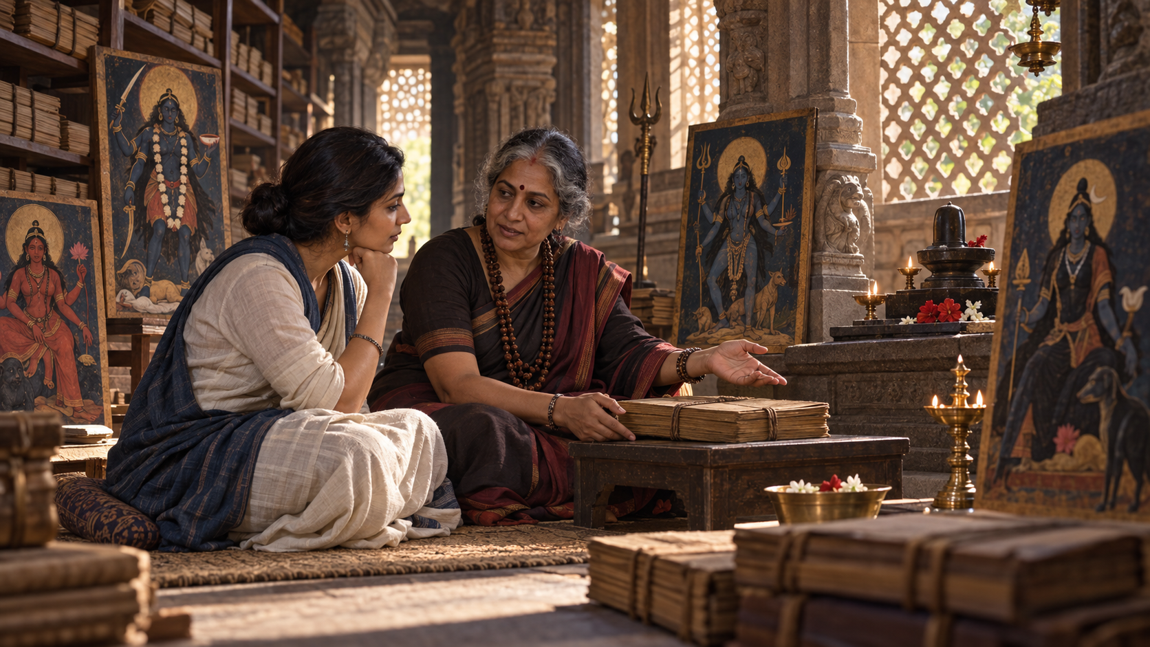 A practitioner and a female teacher examine several symbolic images of Kali in a quiet temple library.