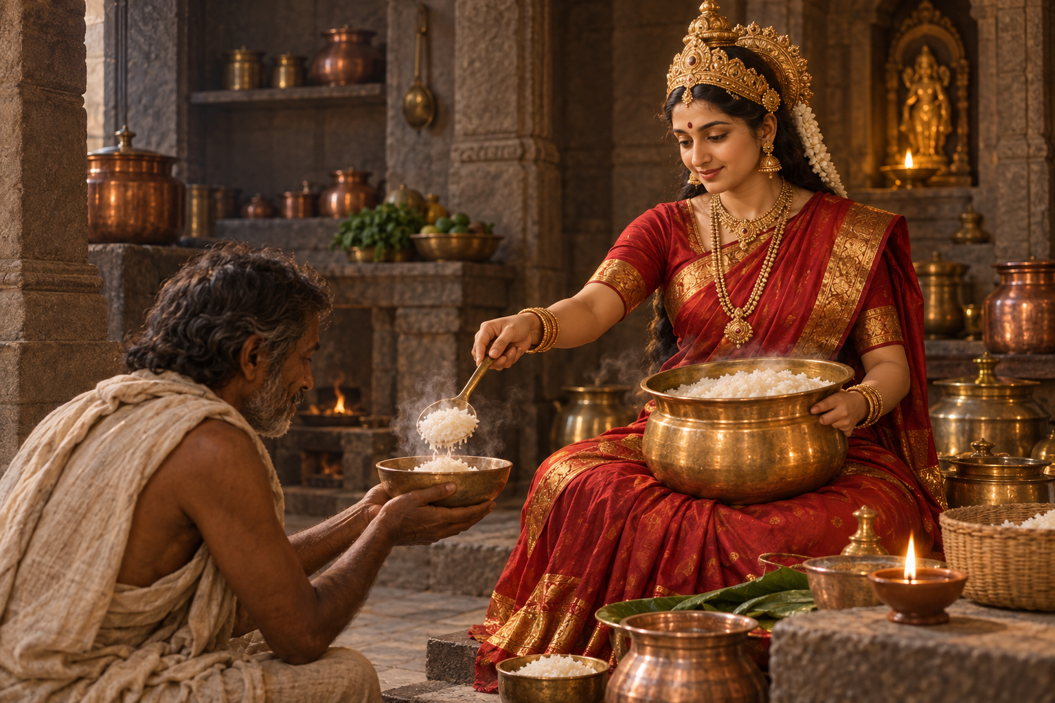 Annapurna serves rice from a brass vessel to a seated recipient holding an open bowl in a softly lit temple kitchen.