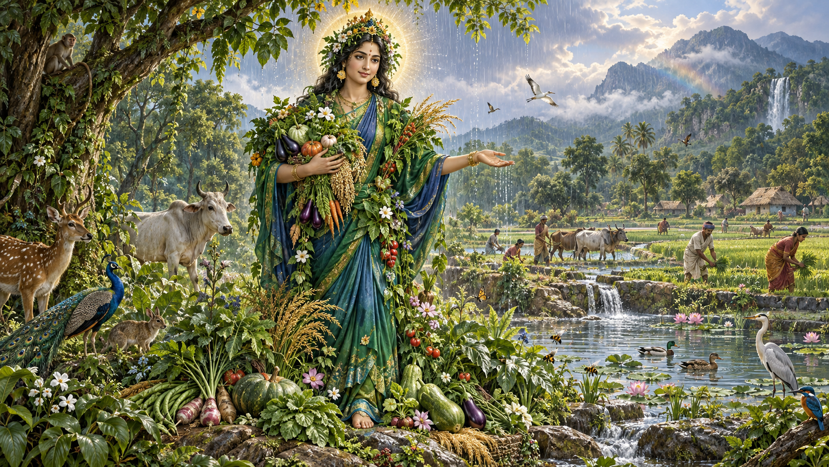 Shakambhari stands among vegetables, grains, flowers, rainwater, people, animals, birds, and pollinators in a fertile landscape renewed by rain.