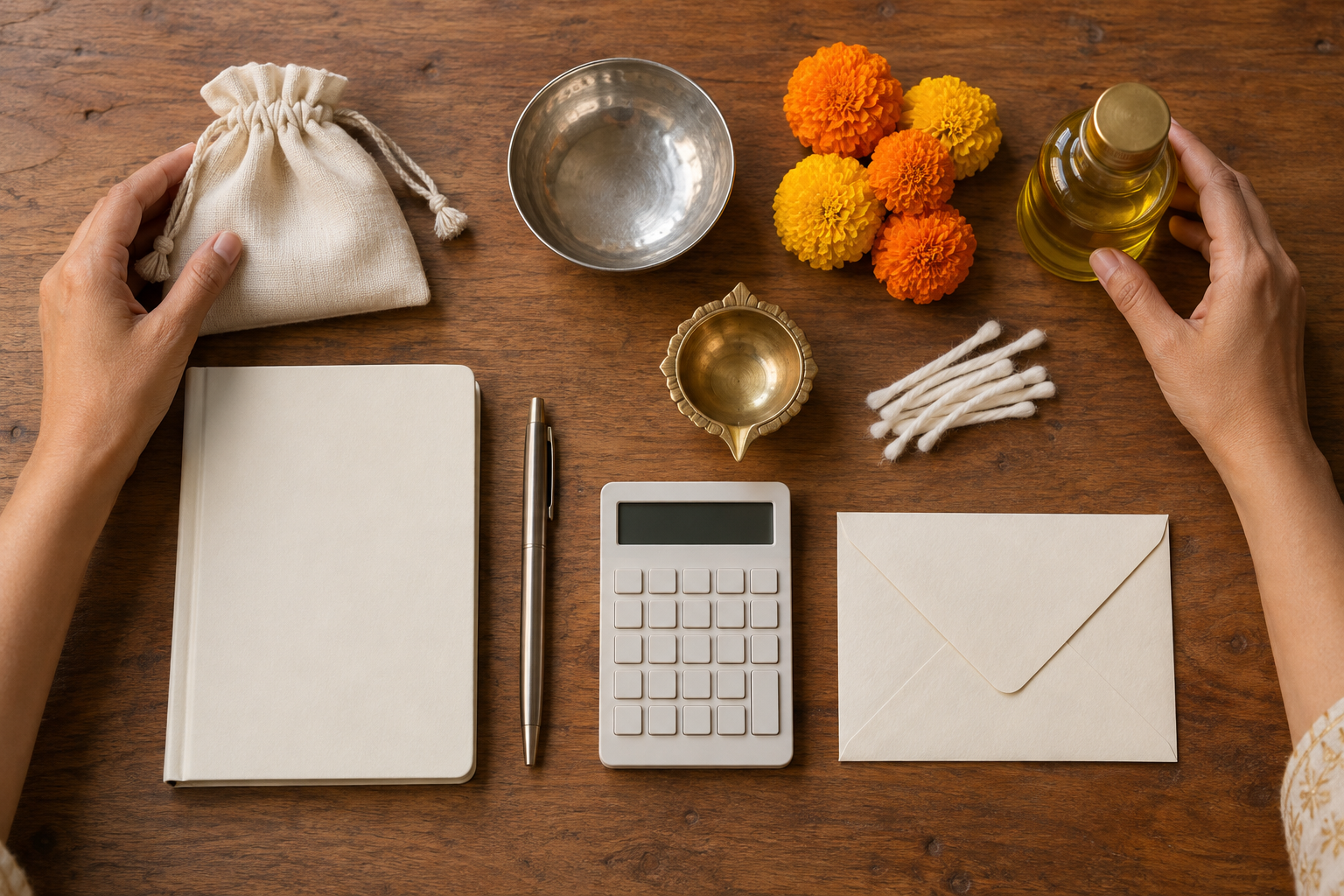 Two hands organize a blank notebook, plain envelope, diya supplies, marigolds, a cloth pouch, and a silver bowl on a wooden table.