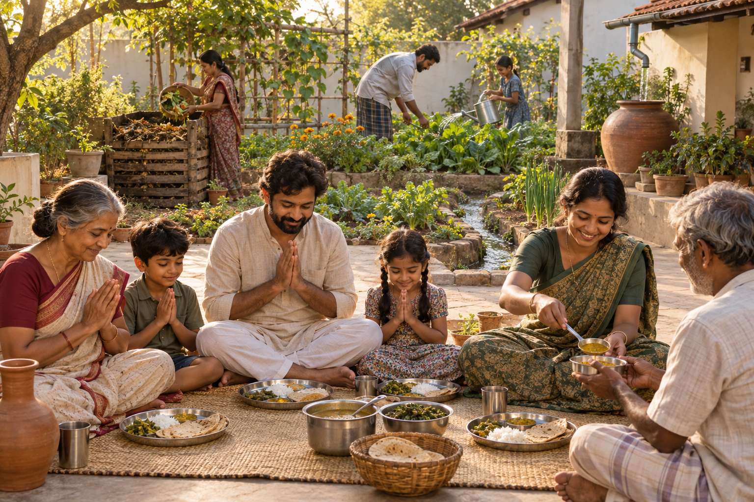 People pause before a simple meal, share food with a neighbor, compost scraps, collect rainwater, and tend a courtyard vegetable garden.