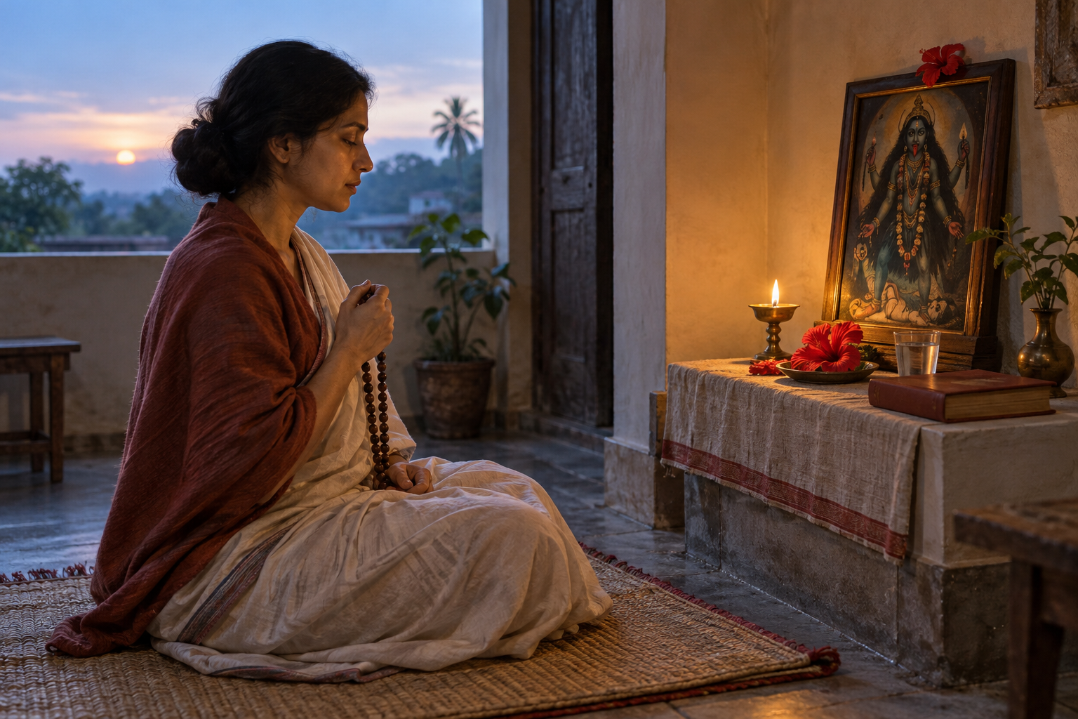 A devotee uses prayer beads during a simple dawn practice before a small Kali shrine with a lamp, water, and hibiscus flowers.