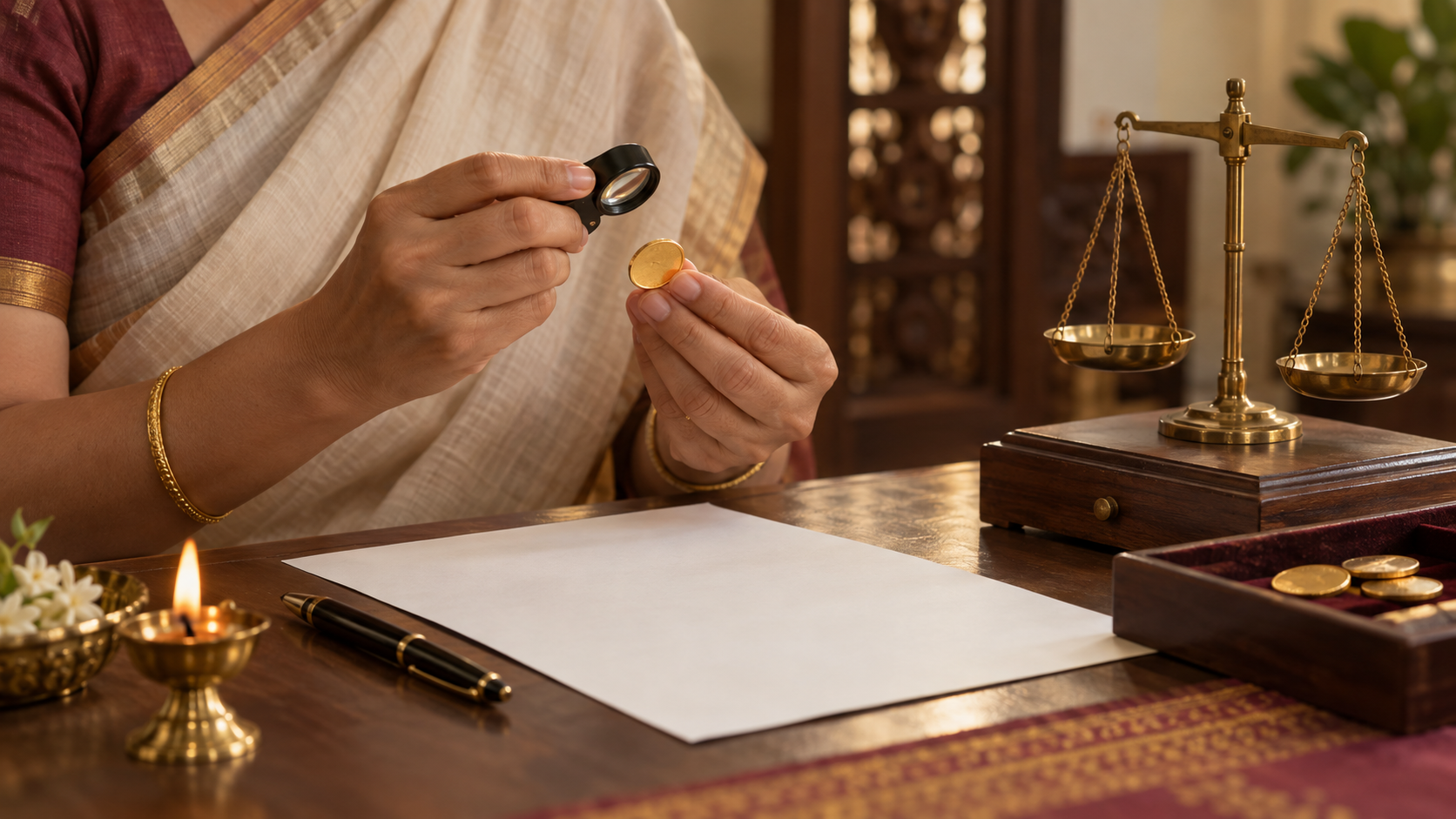 A customer inspects a gold coin with a magnifying loupe beside a balance scale, a blank document, a pen, and a lit brass diya.