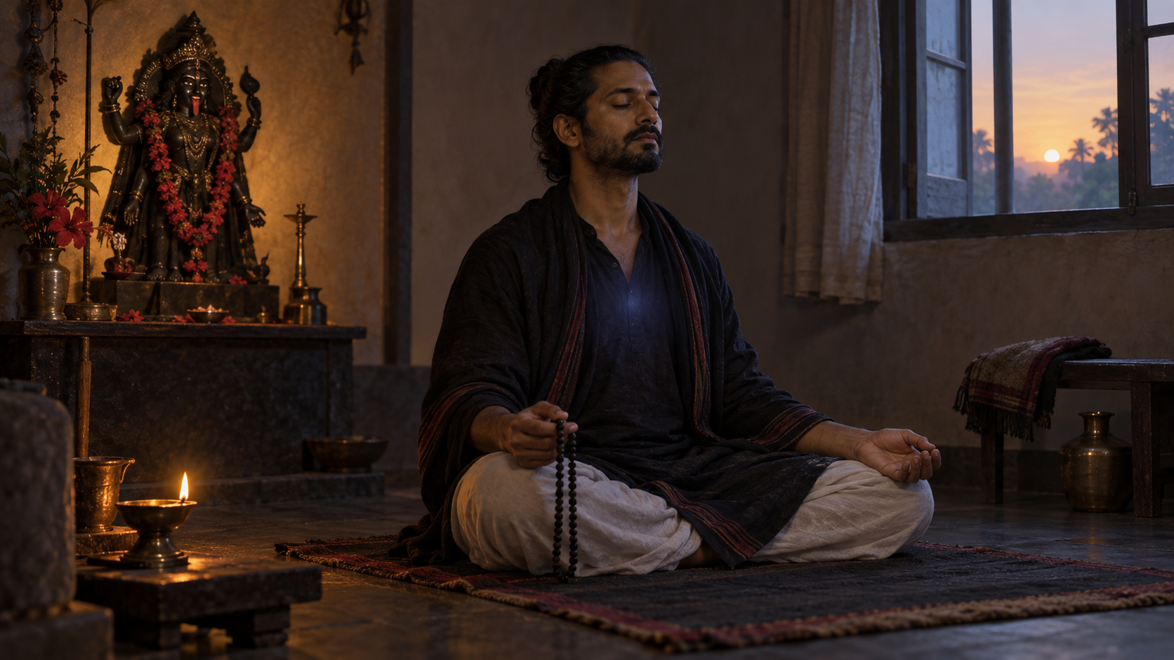 A peaceful practitioner sits with prayer beads after meditation as dawn light and a faint indigo glow fill a simple shrine room.