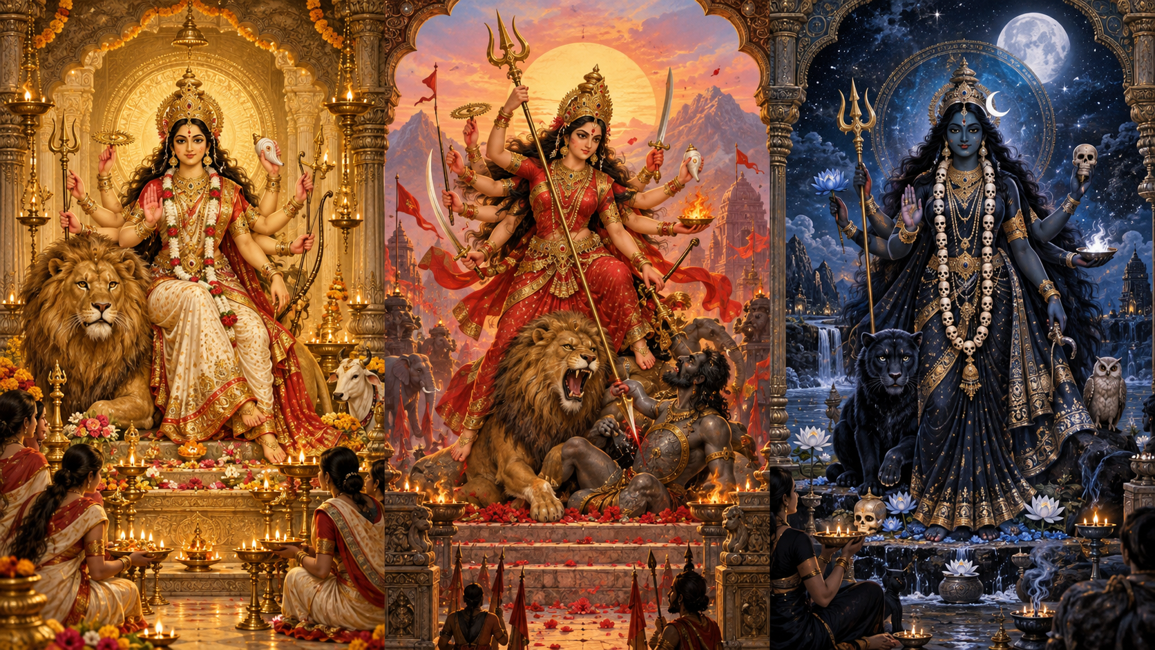 Three adjacent shrines show golden, red, and blue-black forms of Durga in different settings and moods.