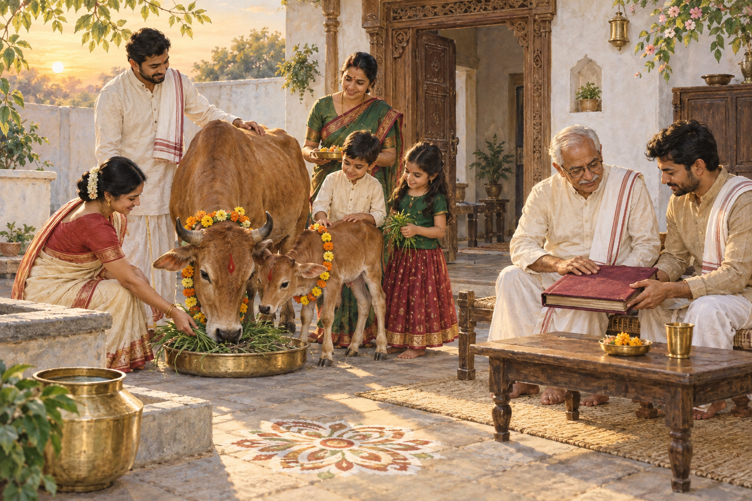 A Gujarati family tends a garlanded cow and calf while two relatives review an unmarked account ledger in a sunlit courtyard.