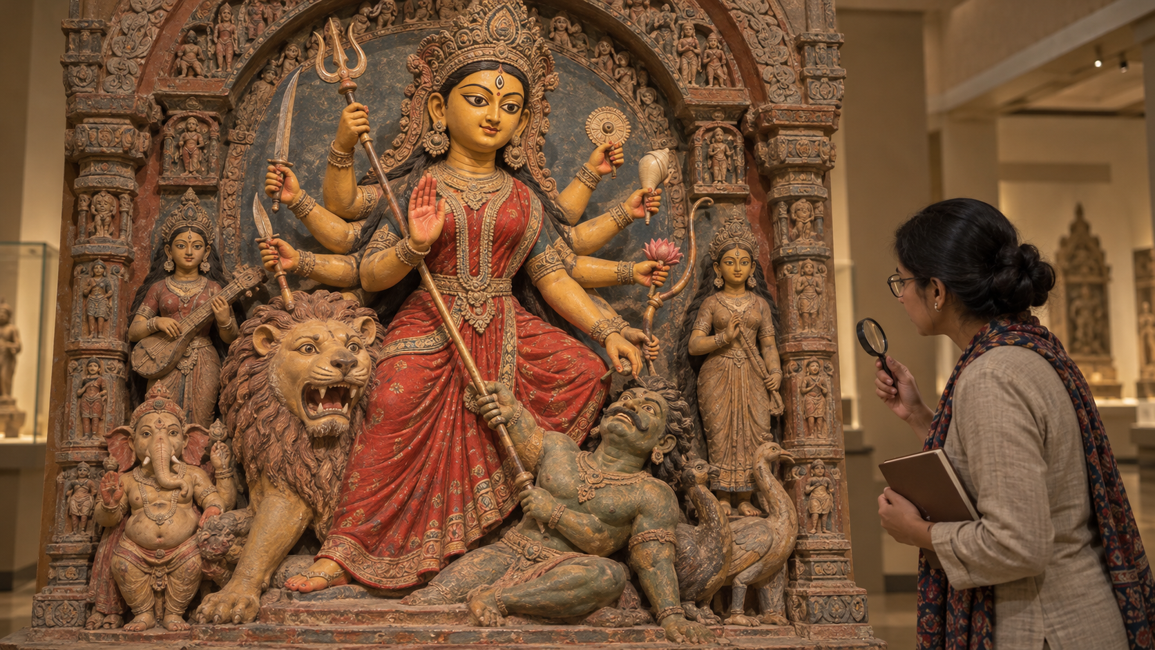 A researcher closely observes the color, expression, hand gestures, attributes, lion, and setting of a traditional Durga image.
