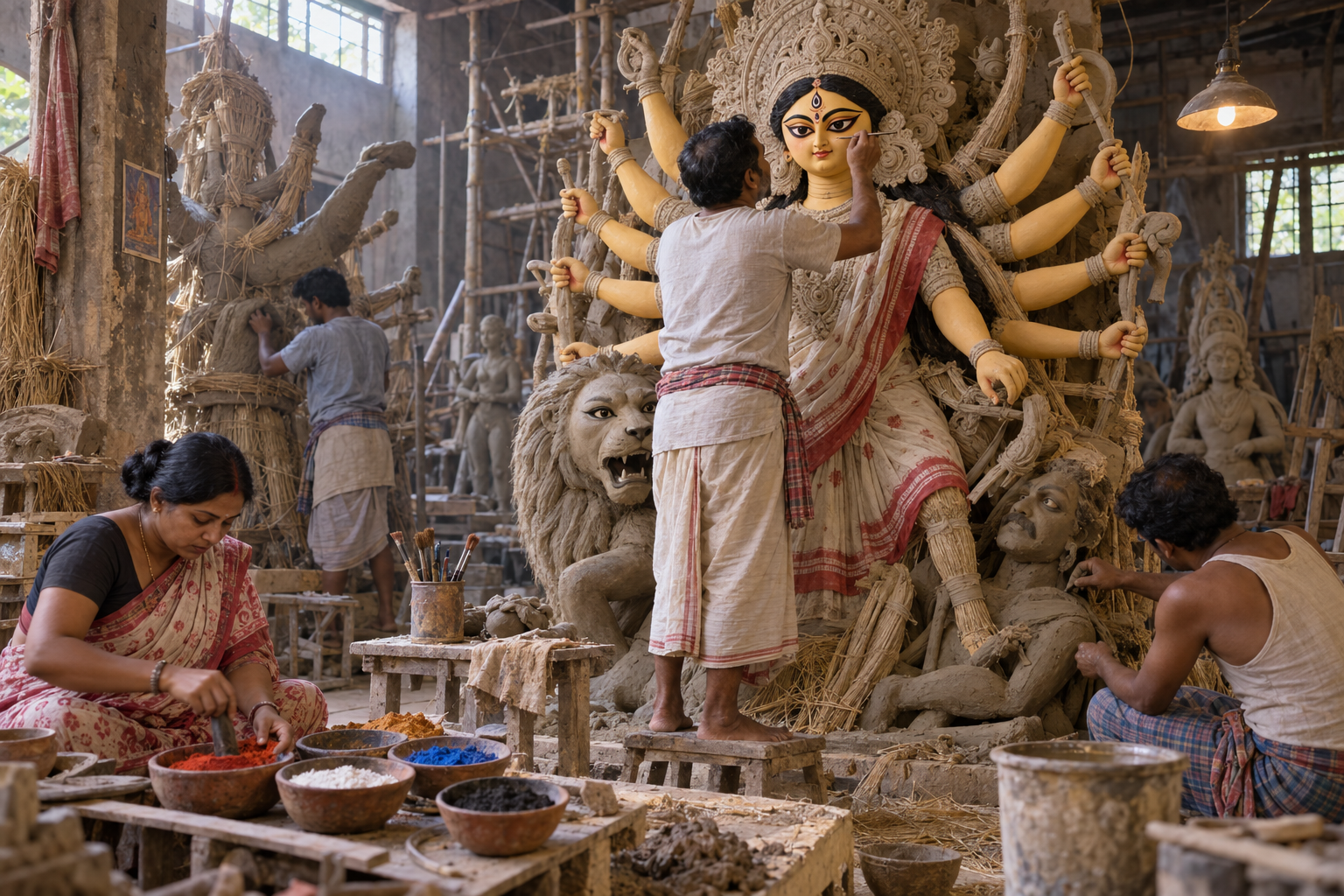 Artisans in a Bengali workshop paint a clay Durga image with golden ochre and other pigments arranged in earthen bowls.