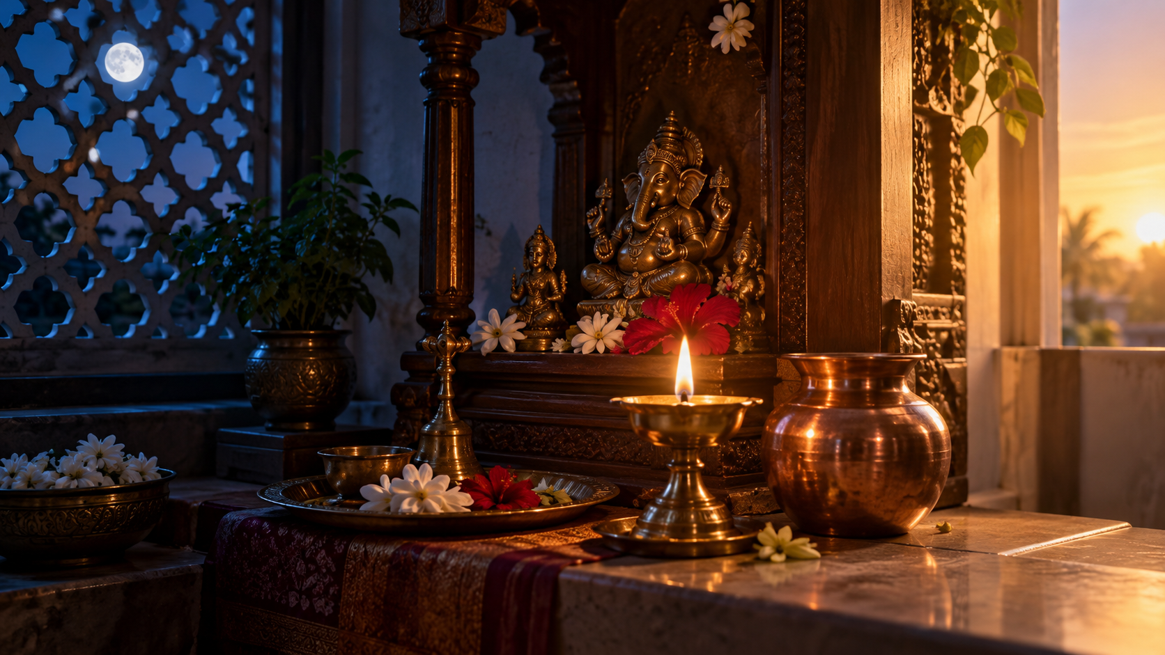 A diya, flowers, and copper vessel at a home shrine are lit by blue pre-dawn light on one side and early sunlight on the other.