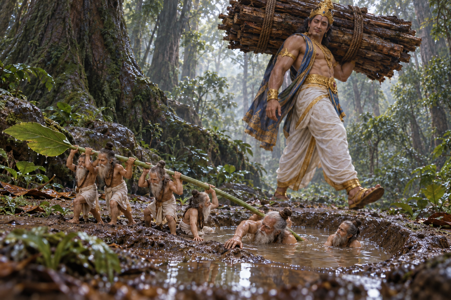 Indra carries a huge bundle of firewood past thumb-sized Valakhilya sages struggling beside a water-filled hoofprint.