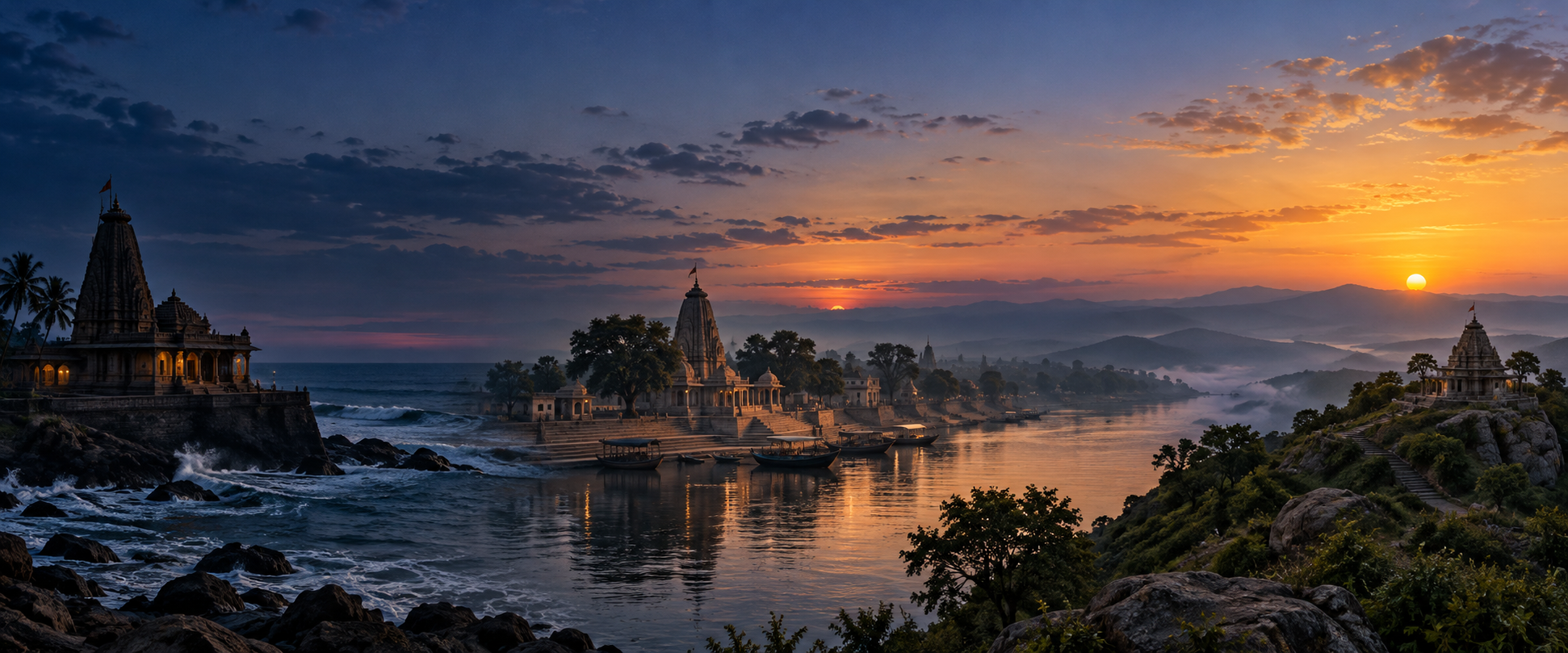 Coastal, riverside, and hilltop temples appear beneath a continuous dawn sky with different levels of sunrise glow at each location.