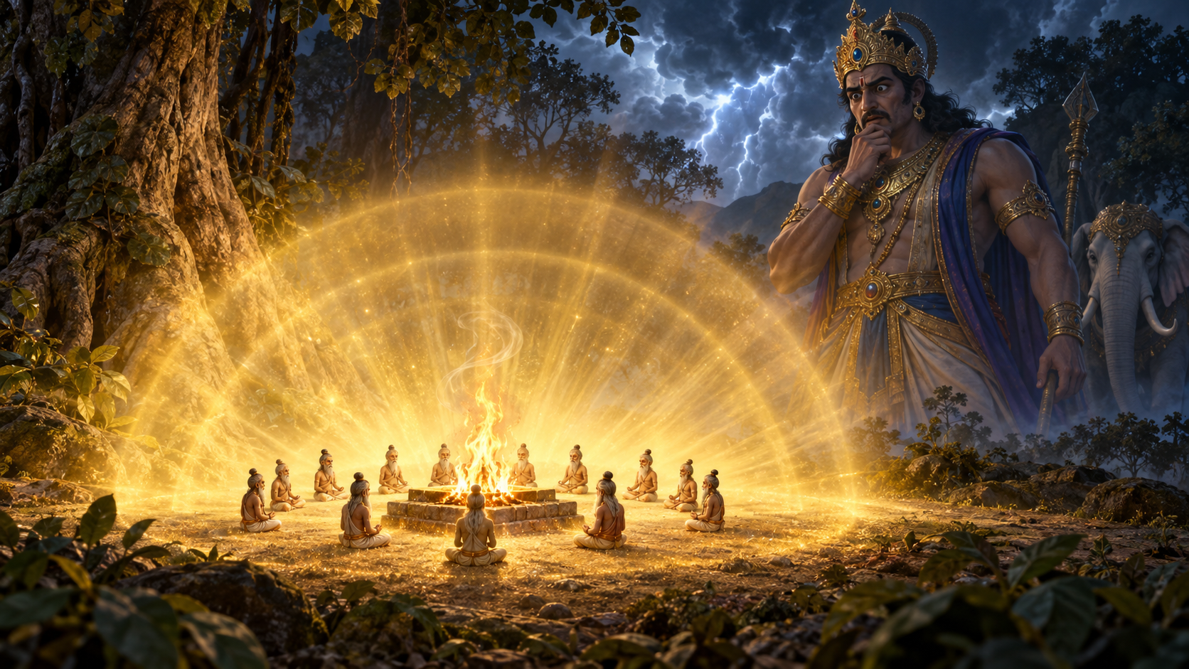 Tiny Valakhilya sages meditate around a glowing sacrificial fire while the much larger Indra watches from beyond their radiance.