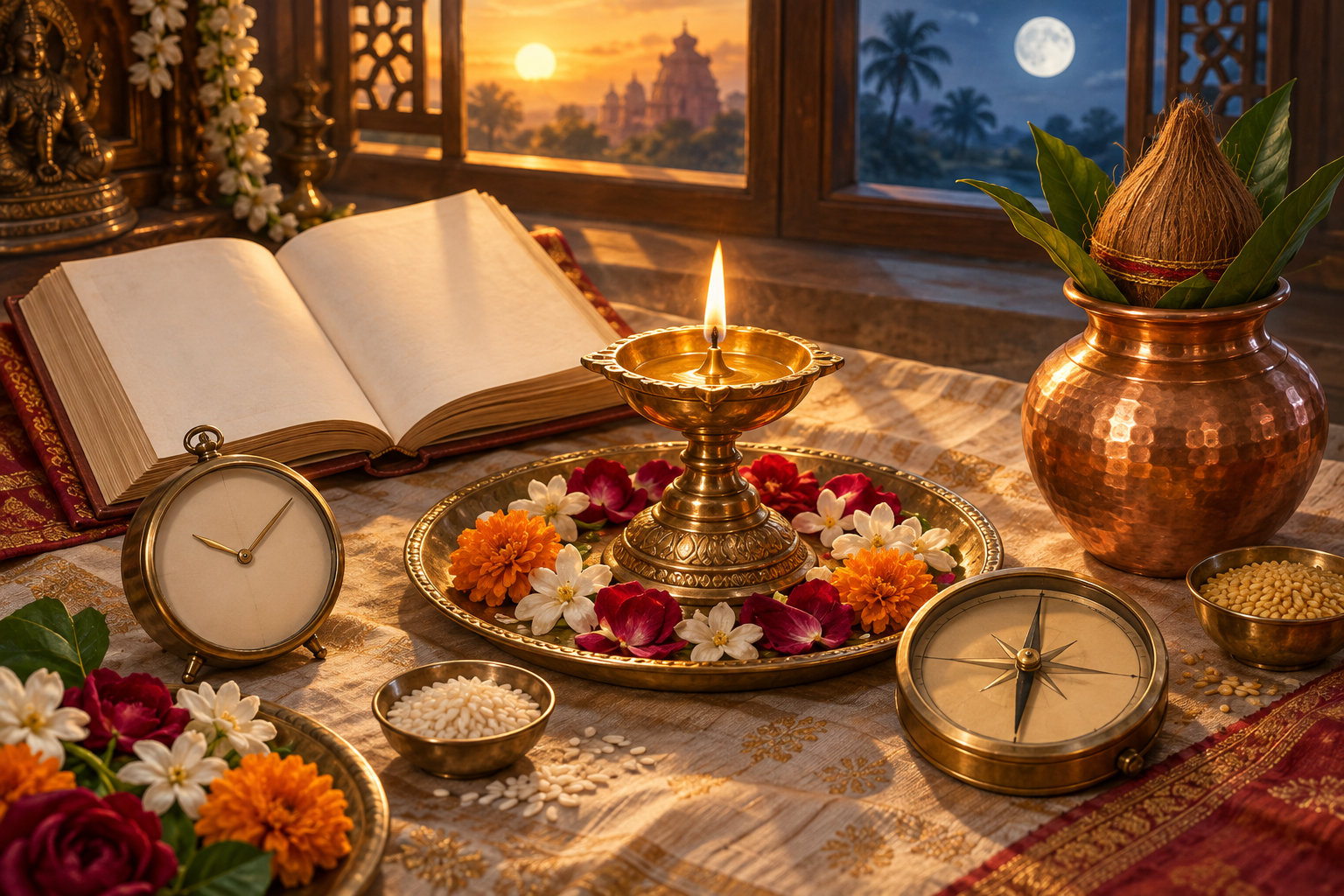 A brass diya is surrounded by a blank almanac, an unnumbered timepiece, a directional instrument, flowers, grains, and a copper vessel.