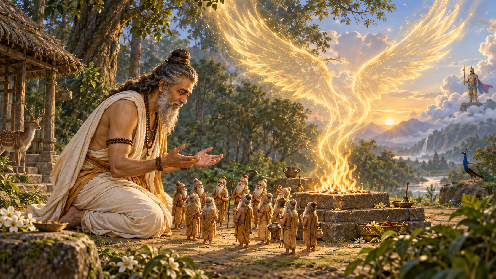 Kashyapa respectfully addresses the tiny Valakhilya sages as golden light above their ritual fire forms the outline of eagle wings.