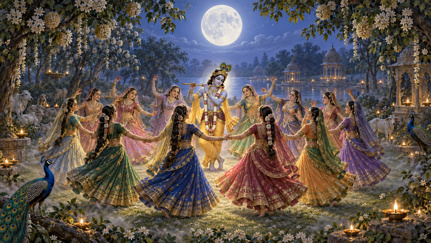 Krishna plays the flute at the center of a circular dance with the gopis beneath the full moon in a flowering Vrindavan grove.