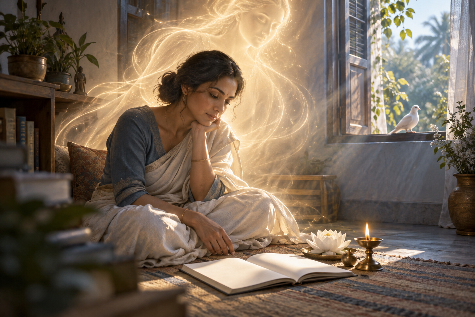 A woman reflects beside a blank notebook, a white lotus, and an oil lamp as soft golden light surrounds her in a quiet room.