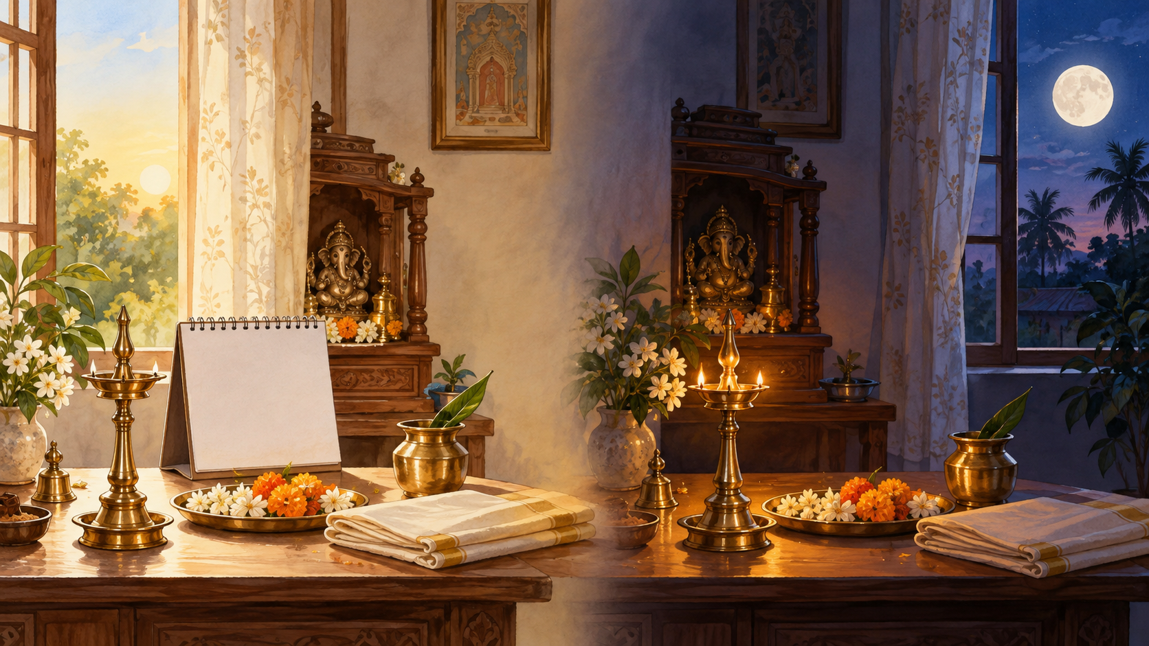 A household prayer setting shown in daylight and again as the full moon rises, suggesting the distinction between a calendar date and ritual timing.