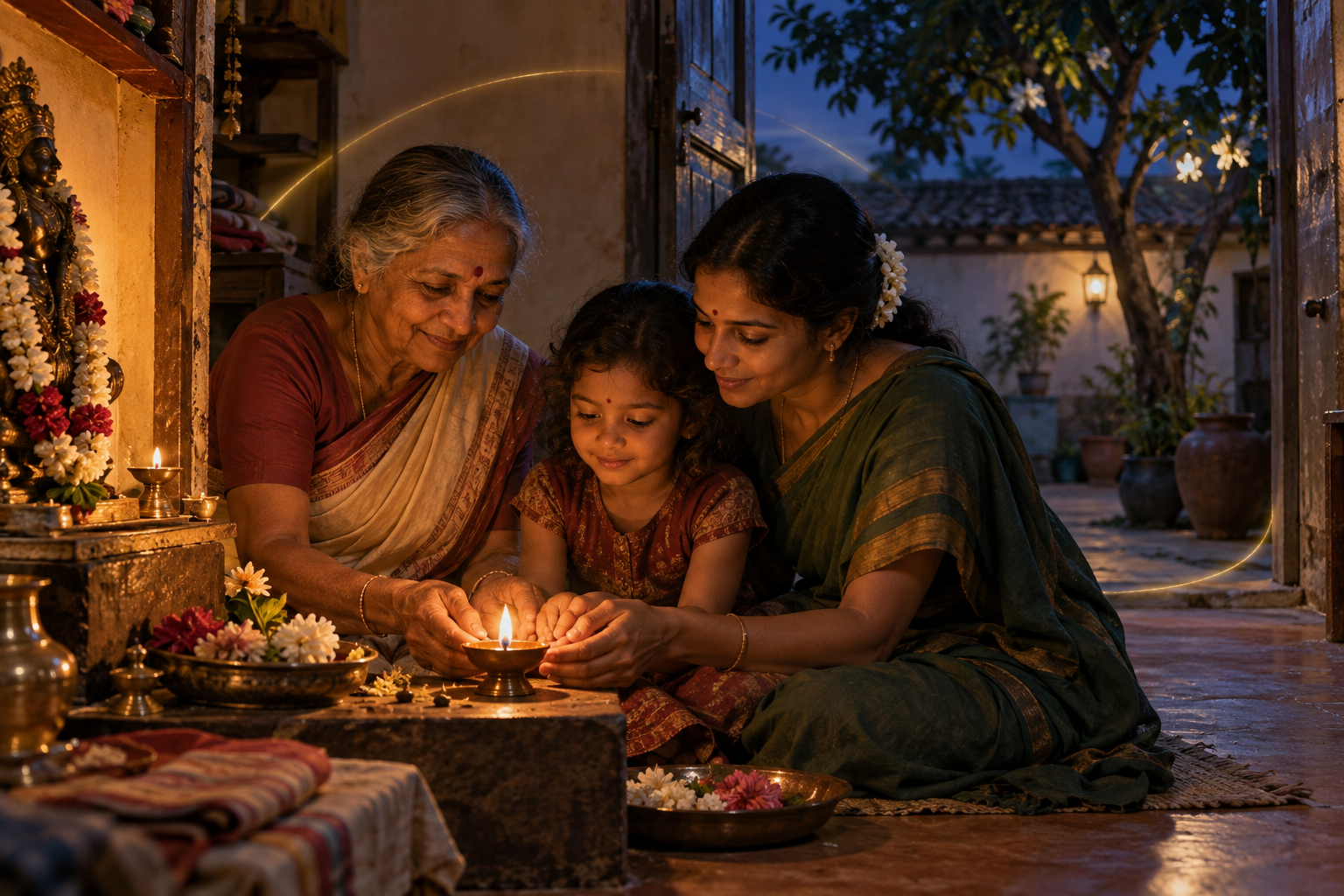 Three generations gather around a small oil lamp as a soft arc of golden light surrounds them and the doorway.