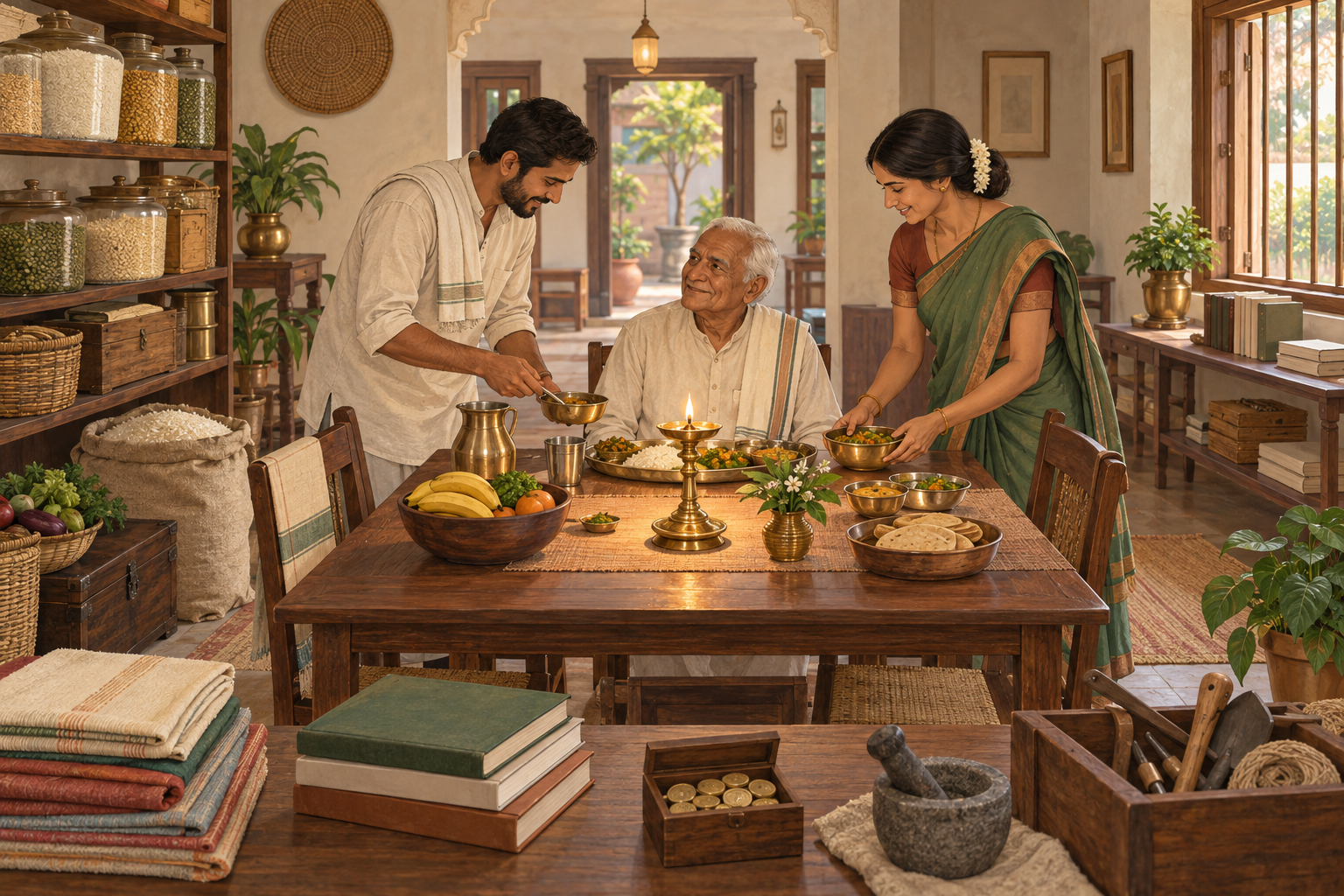 Family members prepare food for an elderly guest in a home containing grain, tools, folded cloth, books, coins, and a central oil lamp.