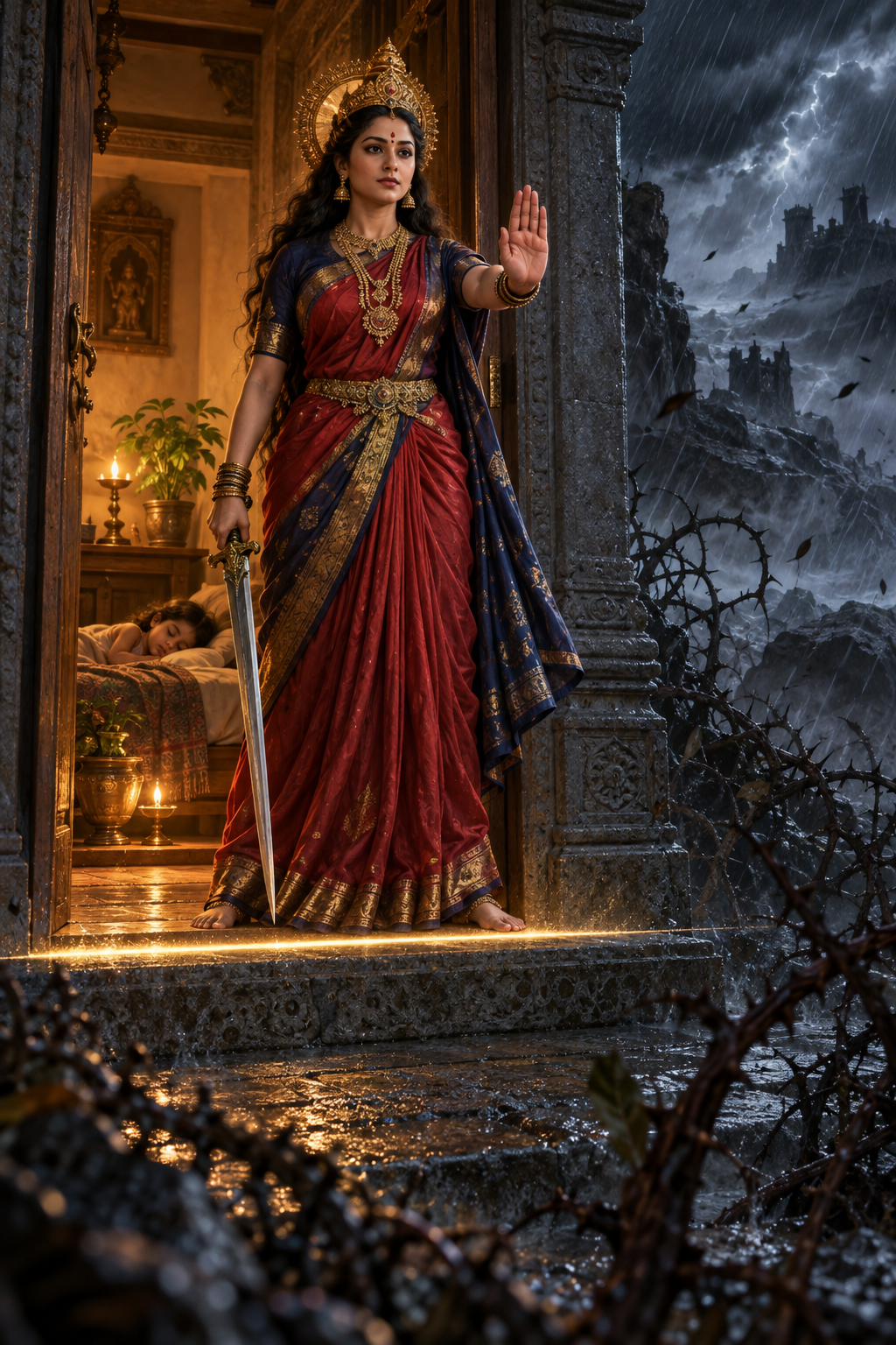 Devi calmly guards a lit threshold with one palm raised and a sword lowered while a child, plant, and lamp remain safe behind her.