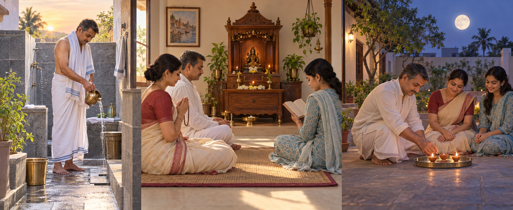 Three scenes show a family bathing at dawn, praying and reading during the day, and safely lighting lamps in the evening.