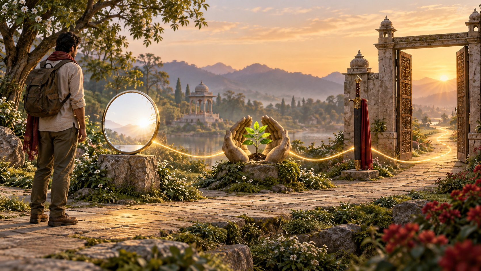 A person pauses on a dawn path beside a mirror, sheltering hands around a plant, and a sheathed sword near an open gate.