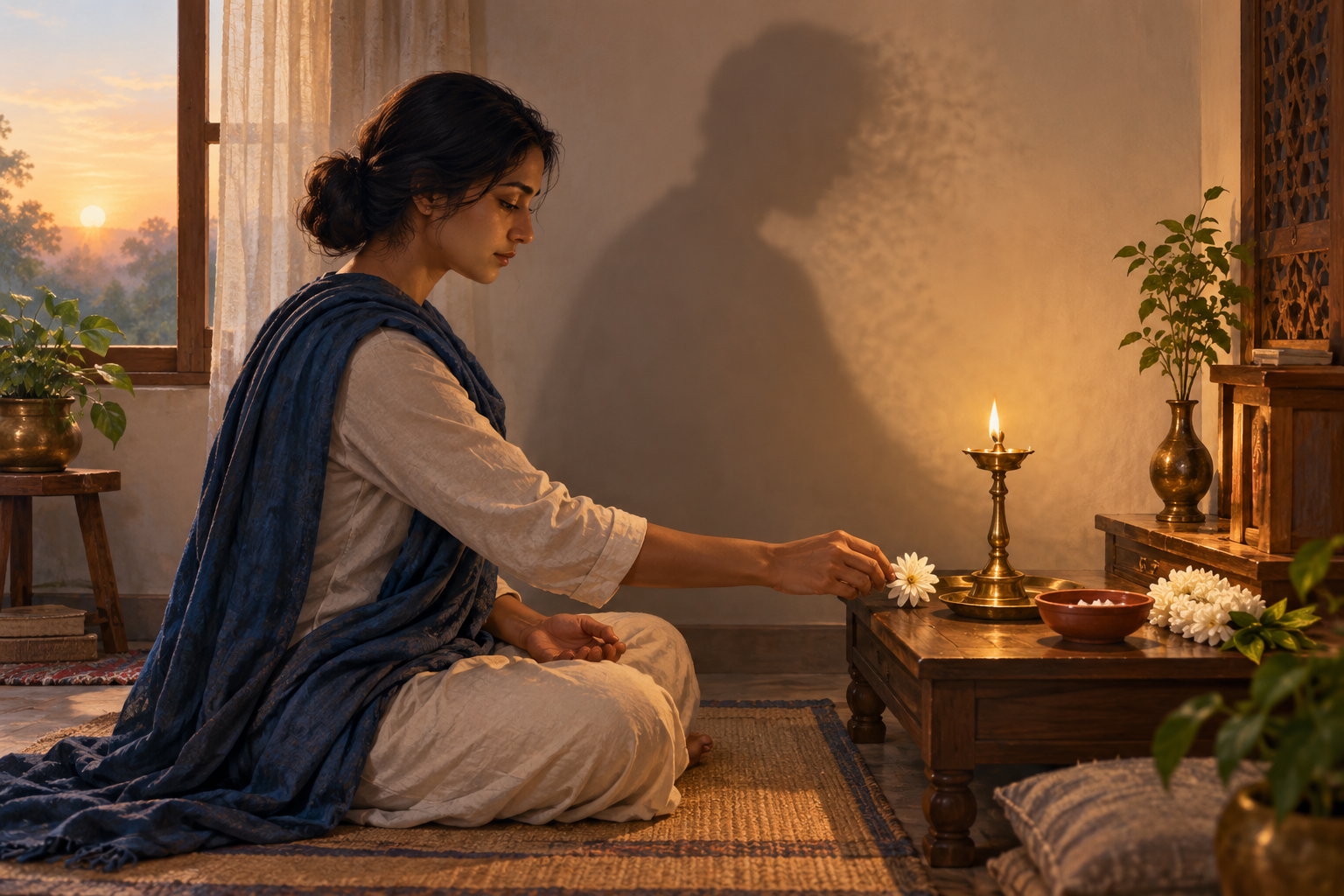 A devotee offers a white flower beside a brass oil lamp in a quiet prayer alcove as the figure's shadow softens in the morning light.